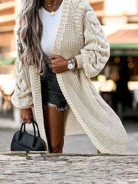 New Biege Midi Knit Chunky Sleeved Cardigan Sweater Size L